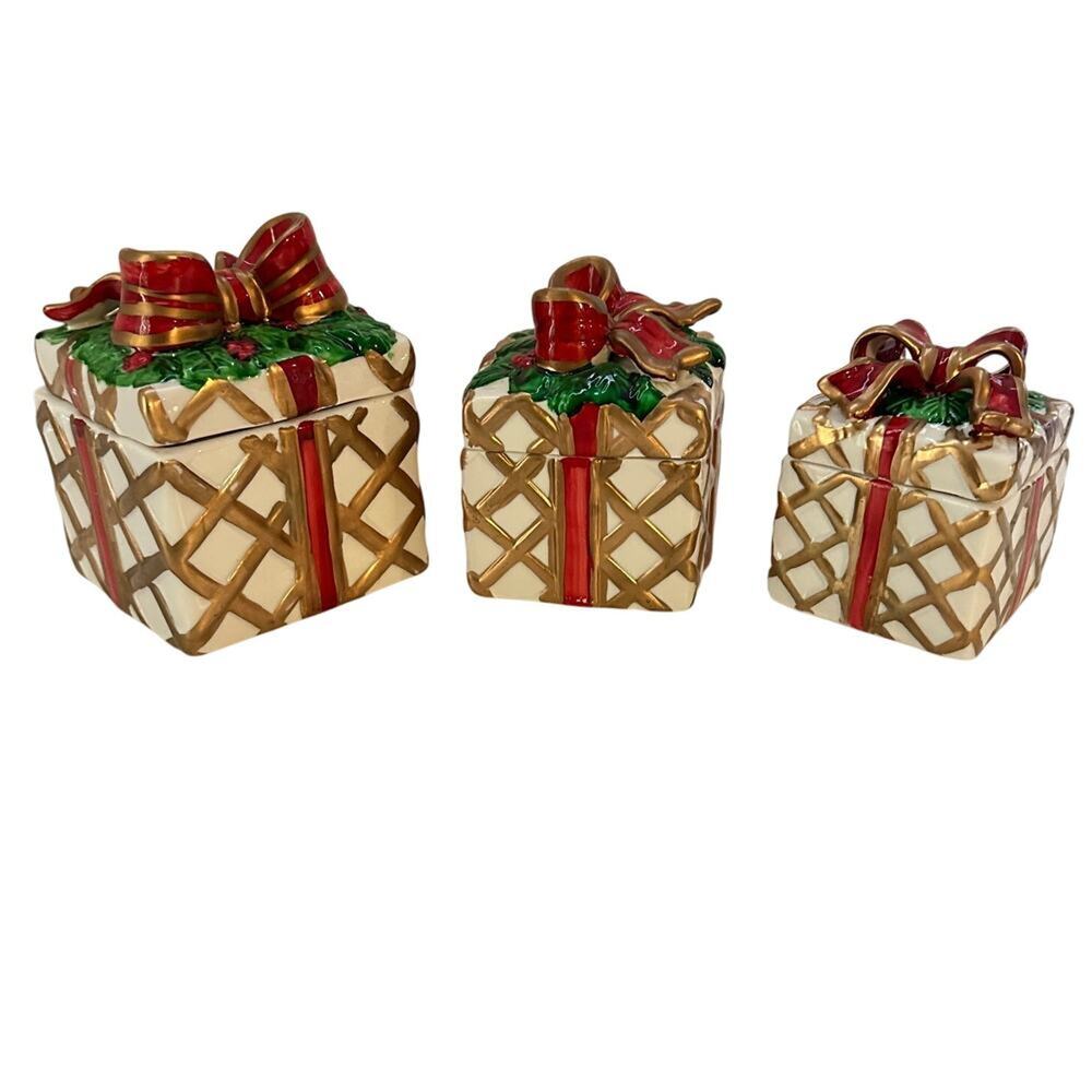 Christmas Candle Set of 3 Hand Painted‎ Ceramic Holiday Gift Box Shaped Candles